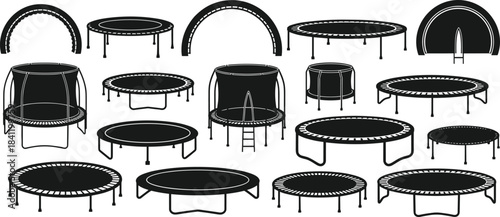 WebTrampoline silhouette set with safety nets and ladders, outdoor jumping equipment icons, recreational sport graphic for stock illustration use