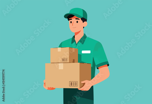 A friendly delivery worker, wearing green, holds two brown cardboard boxes. Teal background