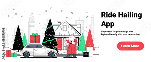 Santa ride hailing app Christmas city winter scene car gifts snowy house decorated trees urban background banner template