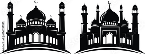 Detailed black and white illustrations of islamic mosques with minarets and domes