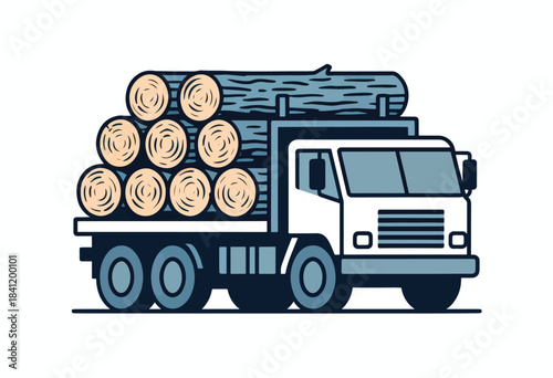 Illustration depicts a truck carrying logs. The truck is white and blue, the logs are stacked