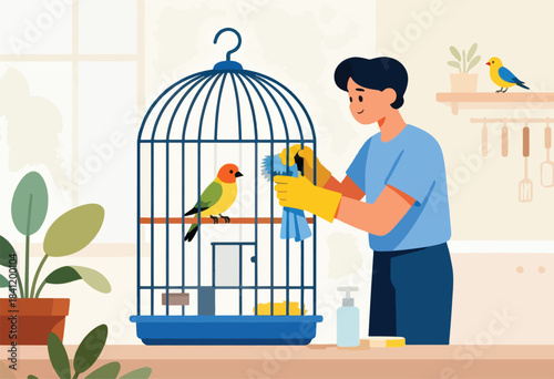 Illustration depicts a person cleaning a birdcage with a bird inside, another perched nearby