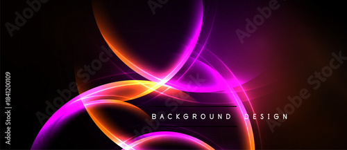 Abstract design features vibrant curves, orange, purple glows. Dark background emphasizes luminous energy, modern aesthetic.