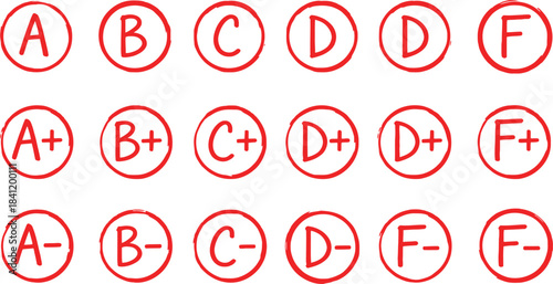 School grades in circles with red ink markings