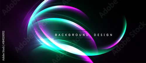 Abstract neon layers create dynamic oval shape. Dark background emphasizes vibrant purple, teal glow. Text reads background design.