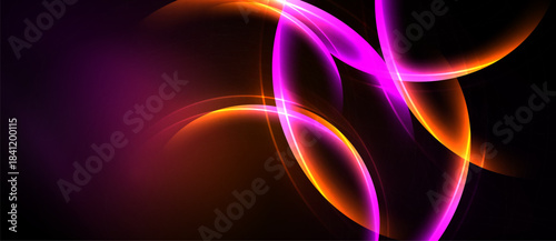 Abstract vibrant curves, glowing lines, dark background. Purple, orange hues create dynamic visual effect. Modern design element.