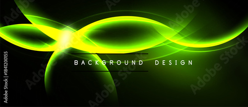 Bright neon green curves radiate from central point. Dark background emphasizes glowing lines, creating dynamic visual effect. Text reads background design.
