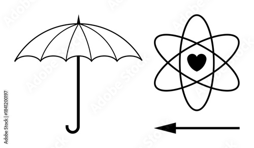 Protection symbols. Umbrella, science, and directional symbols explore concepts of protection, science, and guidance. Perfect for research, education, content design and directional concepts
