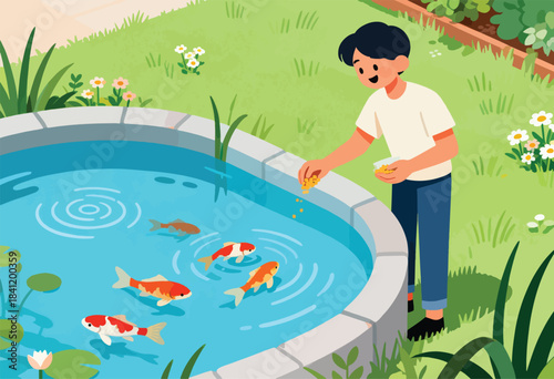 A person with a bowl feeds koi fish in a pond. Water ripples, surrounding flowers, and grass complete the garden