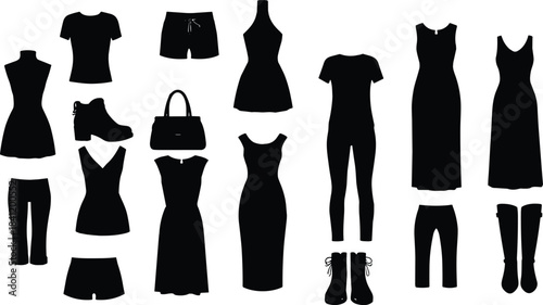 Women's fashion silhouettes, dresses, tops, pants, shorts, boots, heels, handbags, black icons, wardrobe essentials, apparel collection, vector set