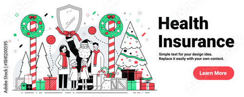 Santa family Christmas health insurance protection festive scene with shield gifts trees wreaths red green color palette website banner