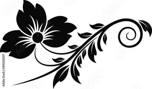 Elegant black floral swirl design element isolated on white