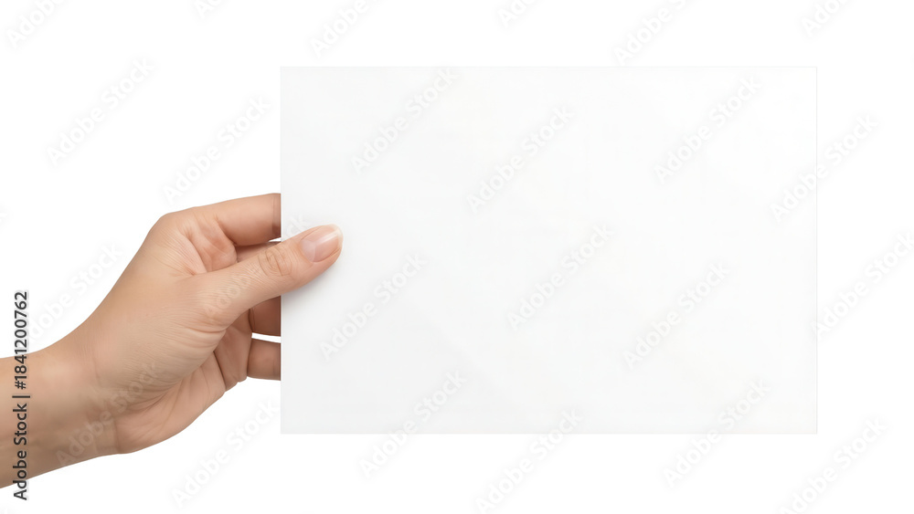 Fototapeta premium Hand holding blank white horizontal paper sheet isolated on white background