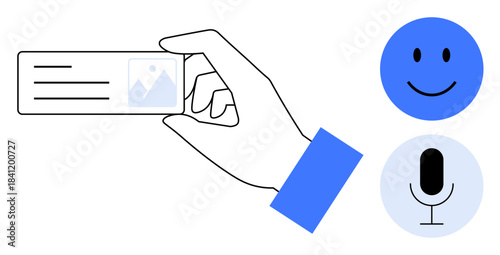 Identification concept. A hand holding an ID card alongside smile and microphone icons. Identification for secure communication and user interaction. For identity, security, communication, media