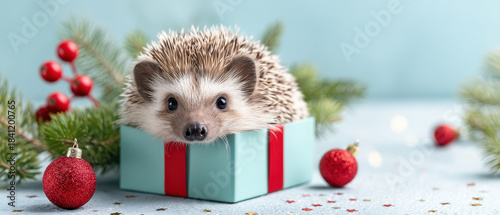 Cute hedgehog in small gift box with festive background and holiday decorations creating funny warm scene with pine branch and red ornament