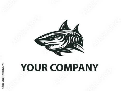 Shark silhouette presented as a bold black vector emblem design. Aquatic predator concept