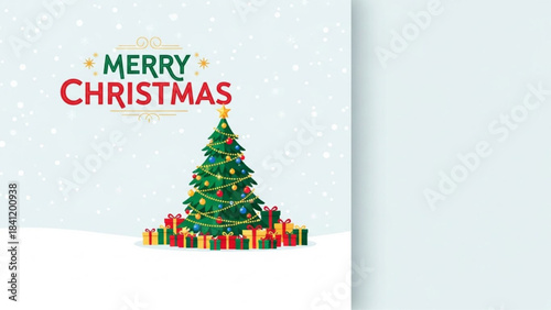Merry Christmas Poster Template – Flat Vector Holiday Tree Design with Snow & Gifts