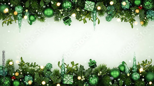 Festive Greenery, Christmas Ornaments, Holiday Season, Decorative Frame, Winter Wonderland, Vibrant Background