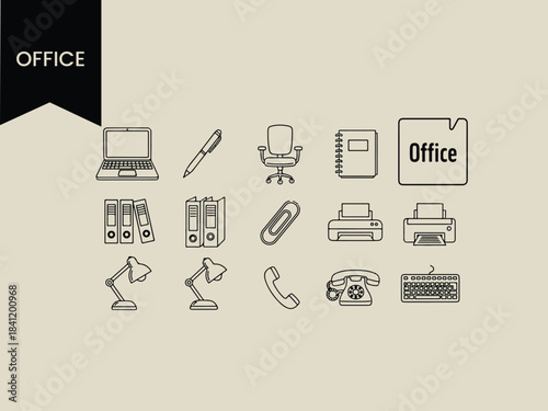 Office Supplies and Equipment Line Icon Set - Minimalist Business Workspace Essentials Vector Illustration