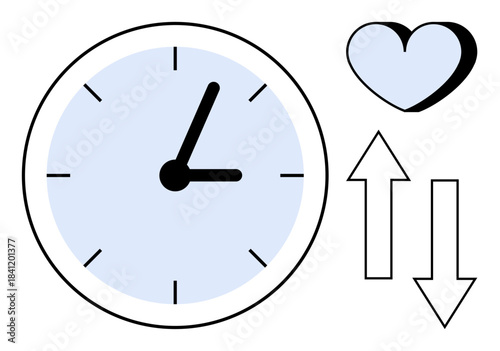 Time management, productivity, priorities, decision-making, work-life balance, efficiency. Clock displaying time, heart and arrows pointing up and down. Time management and productivity concept