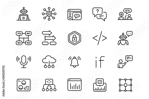 Collection of modern line icons representing technology data and artificial intelligence