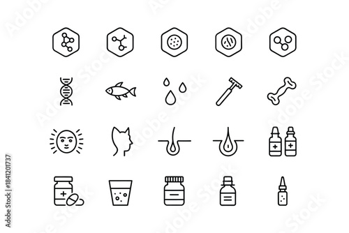 Collection of minimalist line icons depicting science health and everyday objects