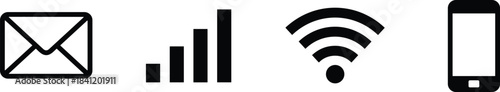 Set of four modern outline communication and connectivity icons: email, mobile signal, wireless Wi-Fi internet, and a smartphone, representing technology and network concepts.