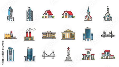 Colorful Urban City Line Icons | Architecture Vector Pack