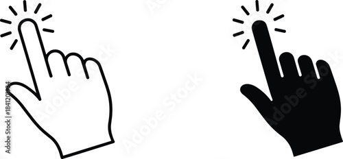 Set of two black and white hand cursor icons, showing a forefinger clicking or tapping, symbolizing user interface interaction, selection, action, and digital touch commands.
