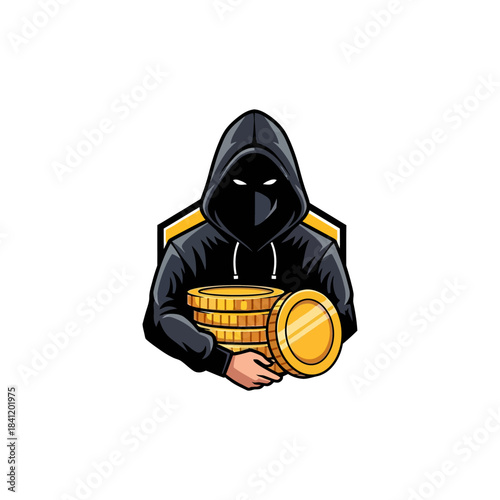 An illustration of a mysterious hooded figure wearing a mask, holding a stack of shiny gold coins, set against a shield emblem.