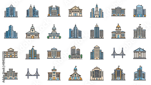 Collection of Colorful Building Line Icons | Urban & City Design Vector