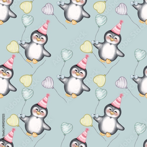 Seamless pattern Cute penguins collection in winter Hand drawn watercolor illustration. For labels, paper, textiles on light blue background.