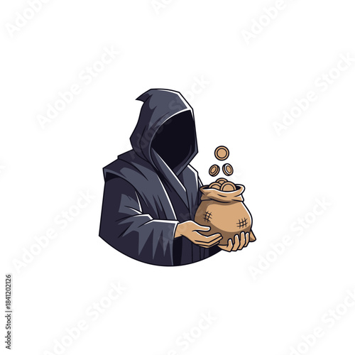 A hooded figure in dark robes holds a sack of coins, with some spilling out.