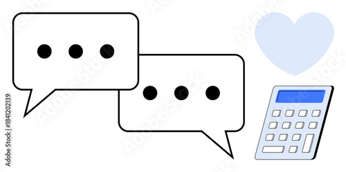 Communication, financial planning, love, digital tools, messaging apps, online services. Two chat bubbles, a calculator and a heart icon. Communication and financial planning concept