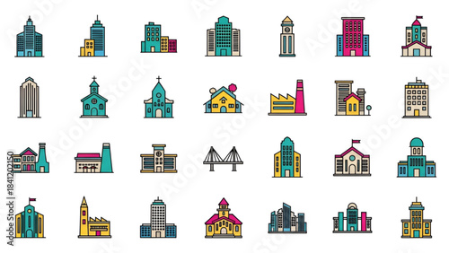 Colorful city buildings and landmarks icons set with various architectural styles