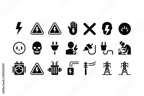 Collection of black warning and danger signs symbols and safety icons