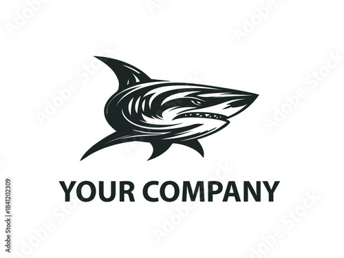Shark silhouette presented as a bold black vector emblem design. Aquatic predator concept