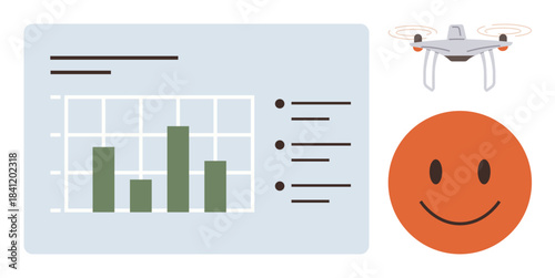 Data chart with bar graphs, a smiling face, and a flying quadcopter illustrating analytics, positivity, and technology. Ideal for business, innovation, AI, analytics digital marketing surveys