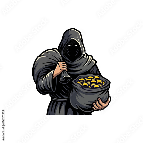 A mysterious hooded figure in a dark cloak holding a shimmering string of golden coins against a black background.
