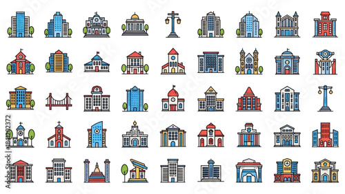 Colorful city buildings and landmarks icons set