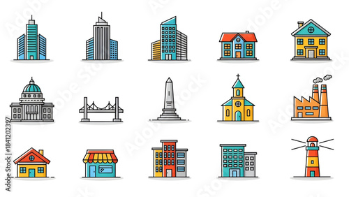 Colorful city buildings and houses icons set with various architectural styles