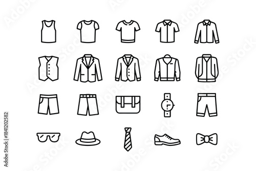 Collection of clothing icons shirts pants accessories and more