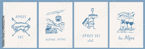 Line art vintage apres ski posters