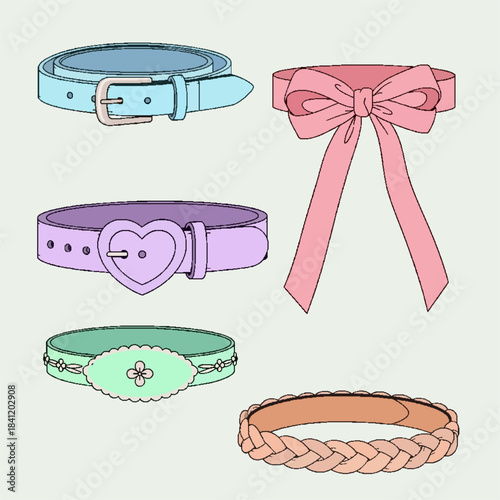 Chic Vector Illustrations A Diverse Collection of Fashion Accessories including Stylish Belts, Delicate Bows, and Elegant Bracelets, Perfect for Design and Adornment