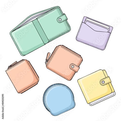 Charming hand-drawn vector illustration of assorted pastel wallets, cardholders, and coin purses for personal finance, money organization, and stylish daily use