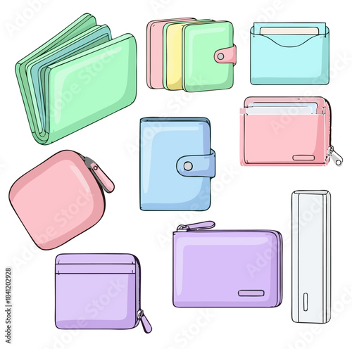Collection of various fashionable wallets and coin purses in pastel colors, ideal for stylish accessories and everyday use