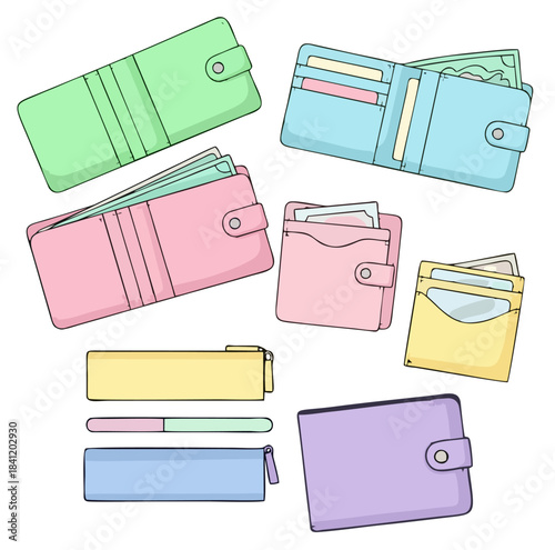 Collection of colorful wallets and coin purses filled with cash and cards, organized neatly on a white background