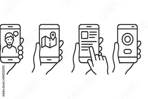 Four hands hold smartphones showing different activities related to communication, navigation, information, and interaction at any time