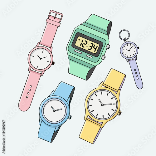 Collection of assorted wristwatches in various colors and styles, including analog and digital displays