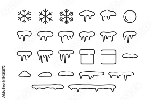 Snowflakes, ice shapes, and winter elements create a chilly scene on a blank white background